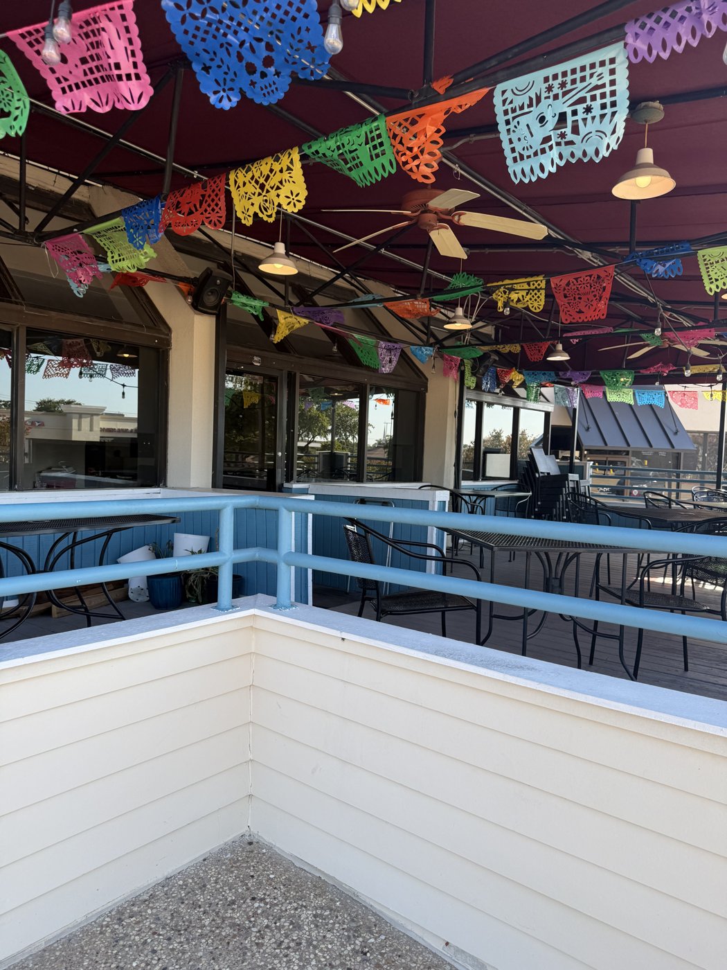 Cafe Acapulco covered patio with string lights and papel picado banners